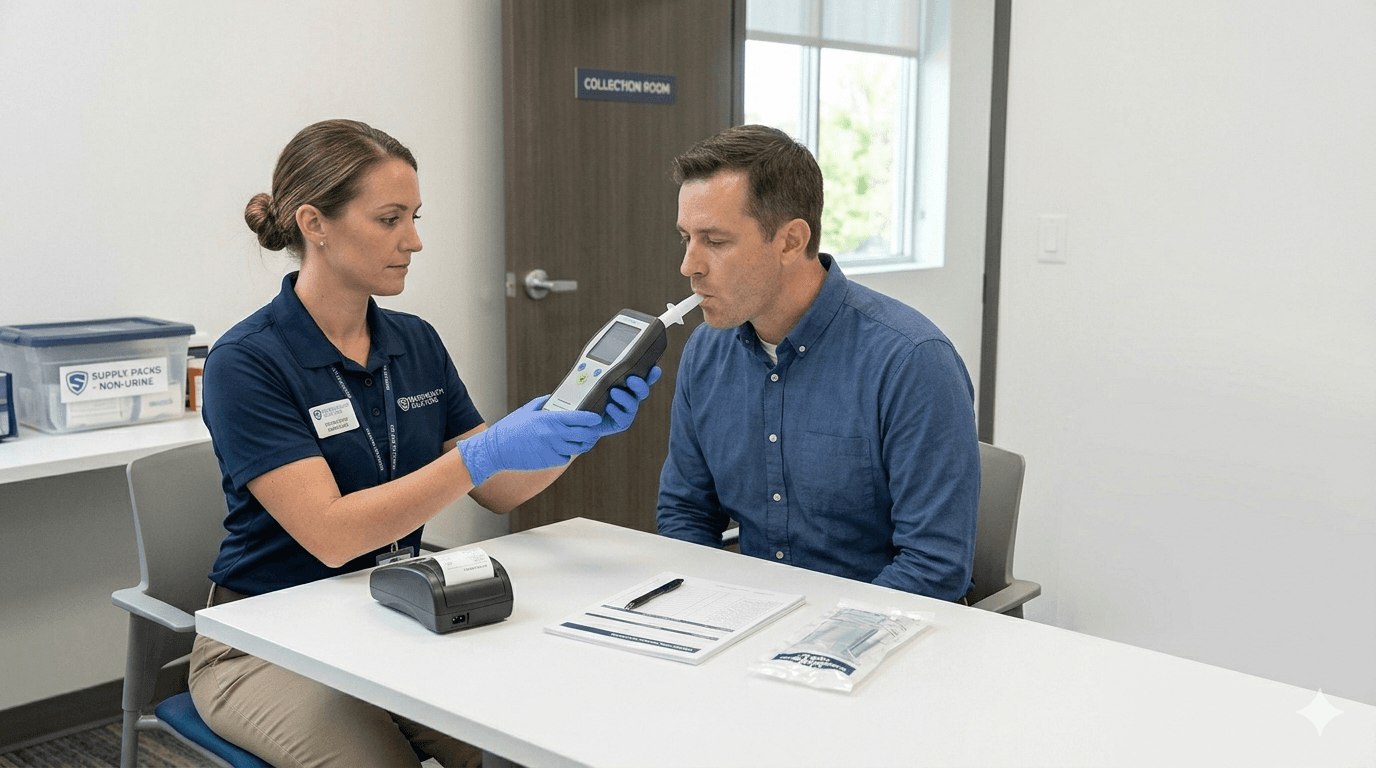 Employer breath alcohol test: certified collector wearing gloves operates an evidential breathalyzer while an employee blows into a fresh mouthpiece at a collection room table, with custody paperwork and a small result printer nearby.