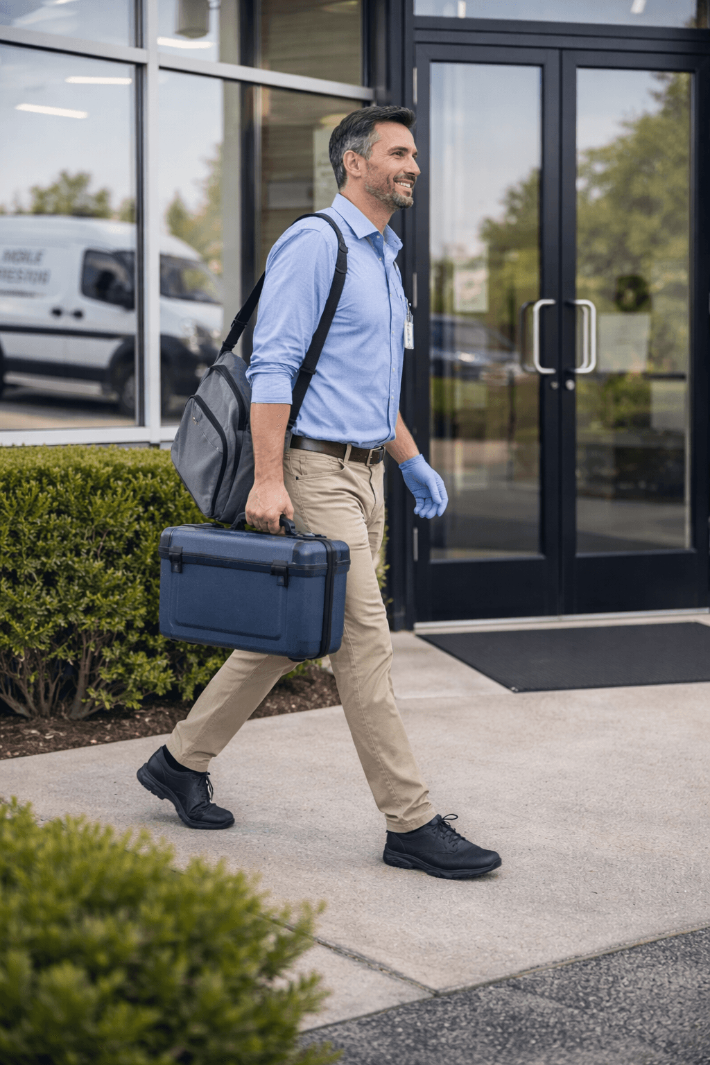 Certified collector walking into an employer office entrance carrying a locked specimen kit for a scheduled on-site workplace drug and alcohol test.