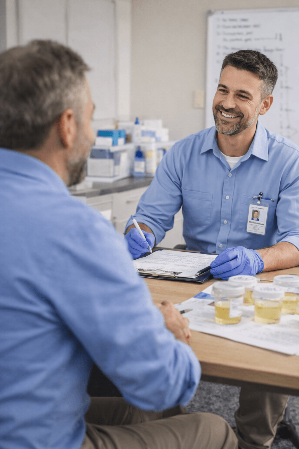 Private on-site drug testing area: collection specialist and employee seated across a desk while reviewing employer drug test forms before the collection.