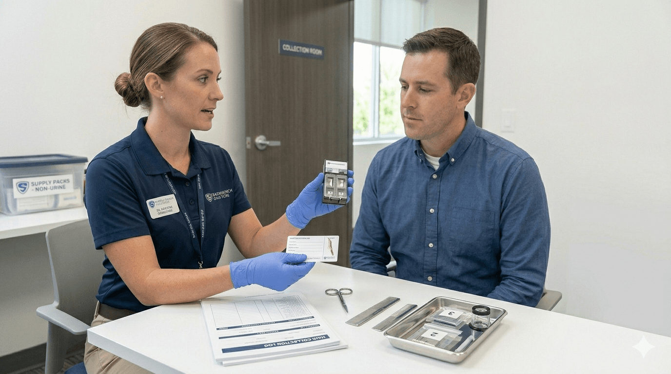 Employer hair drug test collection: certified collector wearing gloves explains hair specimen supplies to a donor across a collection room table, with a hair collection log, sealed specimen packets, scissors, and measuring tools ready for protocol-compliant sampling.
