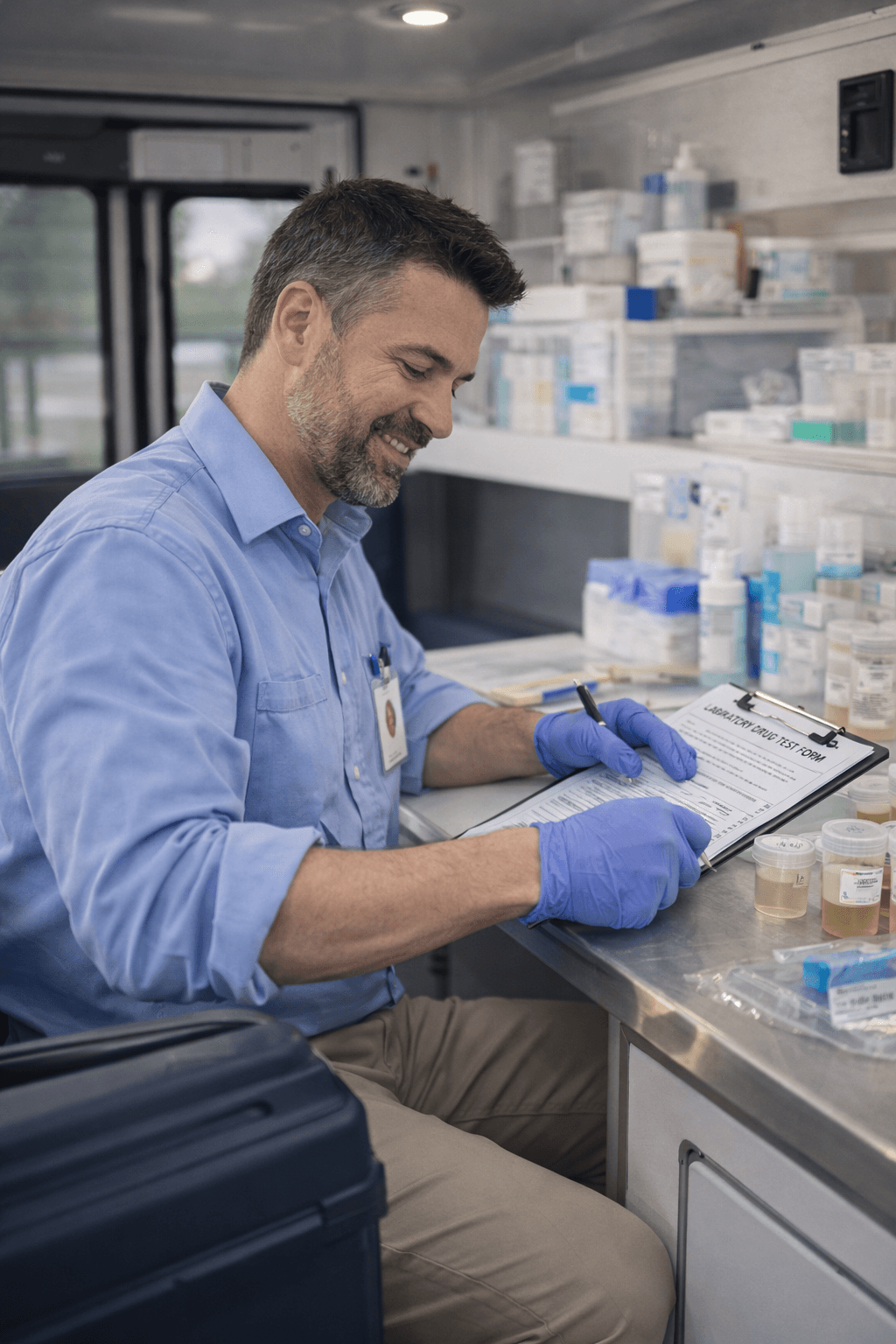 Employer mobile drug testing unit: collector filling chain-of-custody paperwork at a lit workbench with sealed specimen supplies and shipping materials organized for DOT or non-DOT programs.