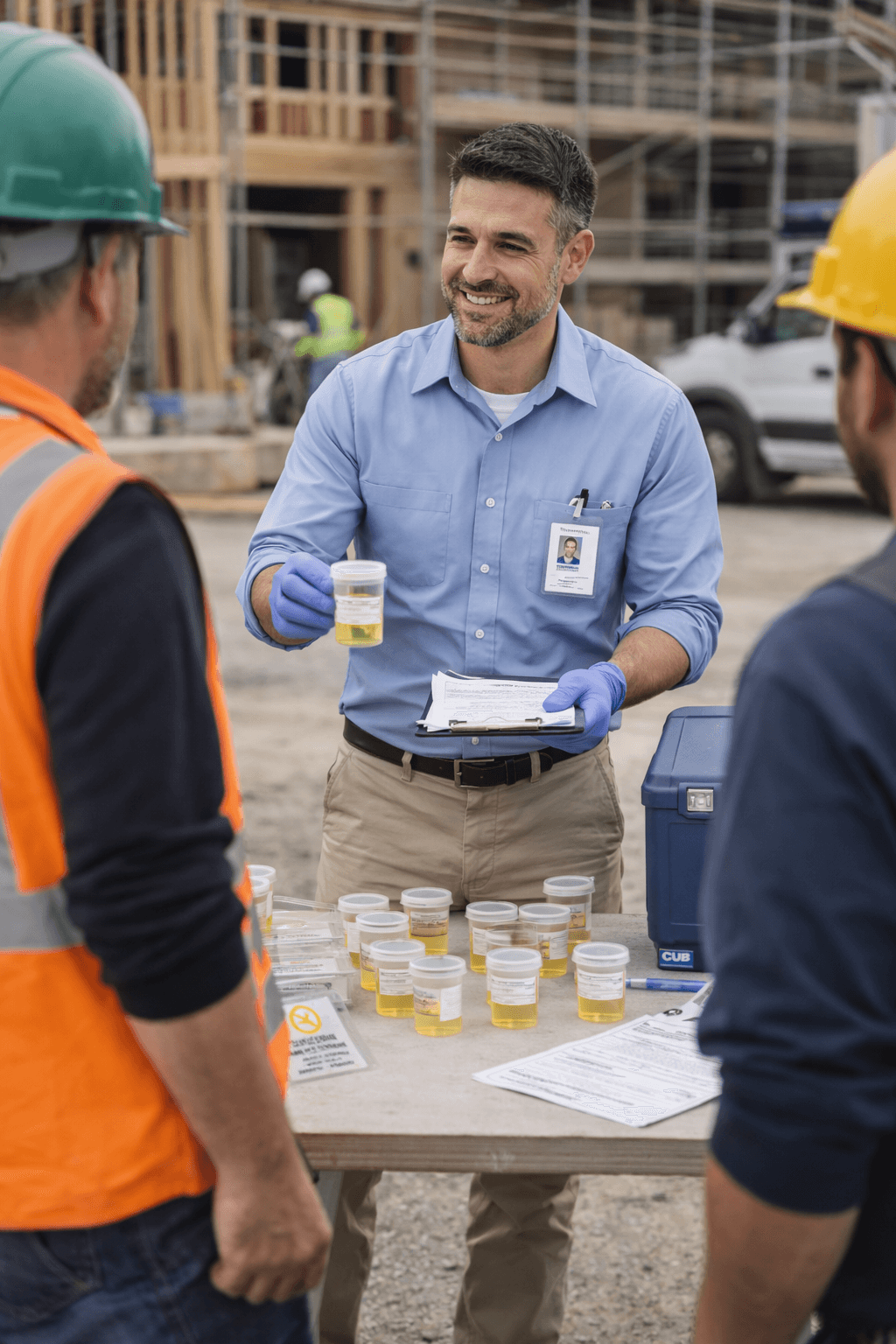 Construction job site drug testing: mobile collection coordinator with workers in PPE at a temporary outdoor staging table for employer workplace screening.