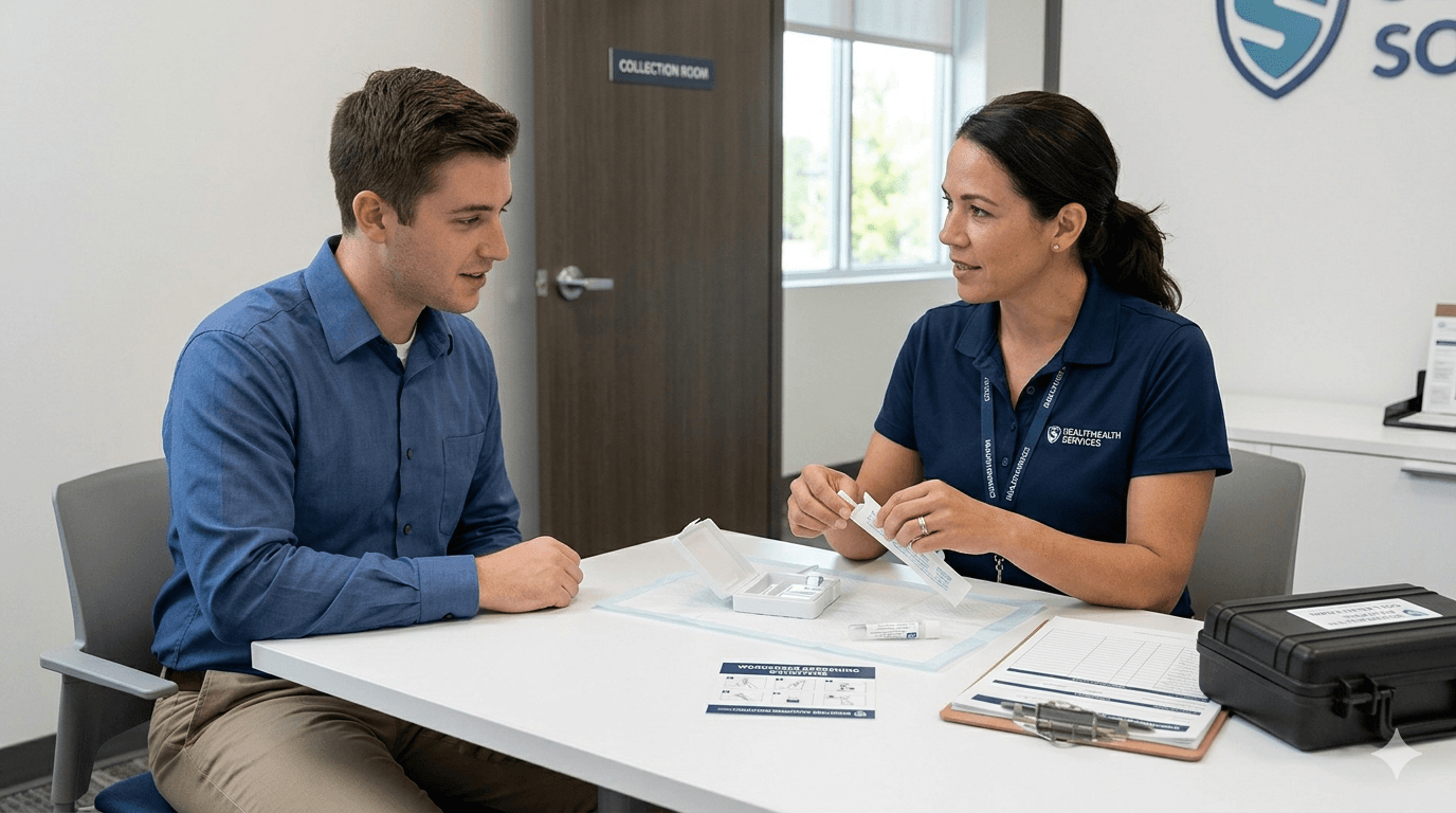 Workplace oral fluid drug testing: collector across a table from an employee, demonstrating an oral fluid collection kit with sealed supplies and chain-of-custody paperwork in a private employer collection room.