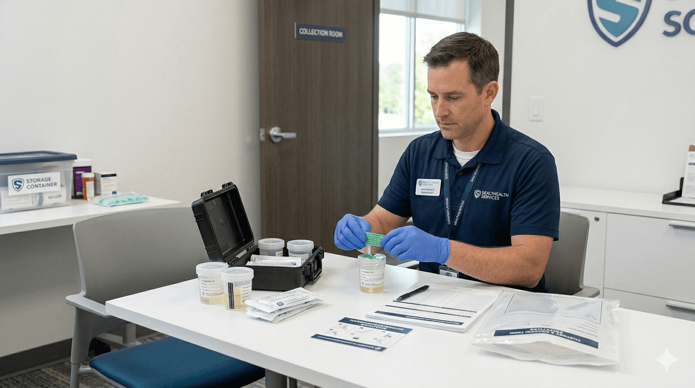 Employer drug testing collection room: certified collector in protective gloves processes a urine specimen with sealed cups, dip-test supplies, and chain-of-custody and control forms arranged on a collection table.