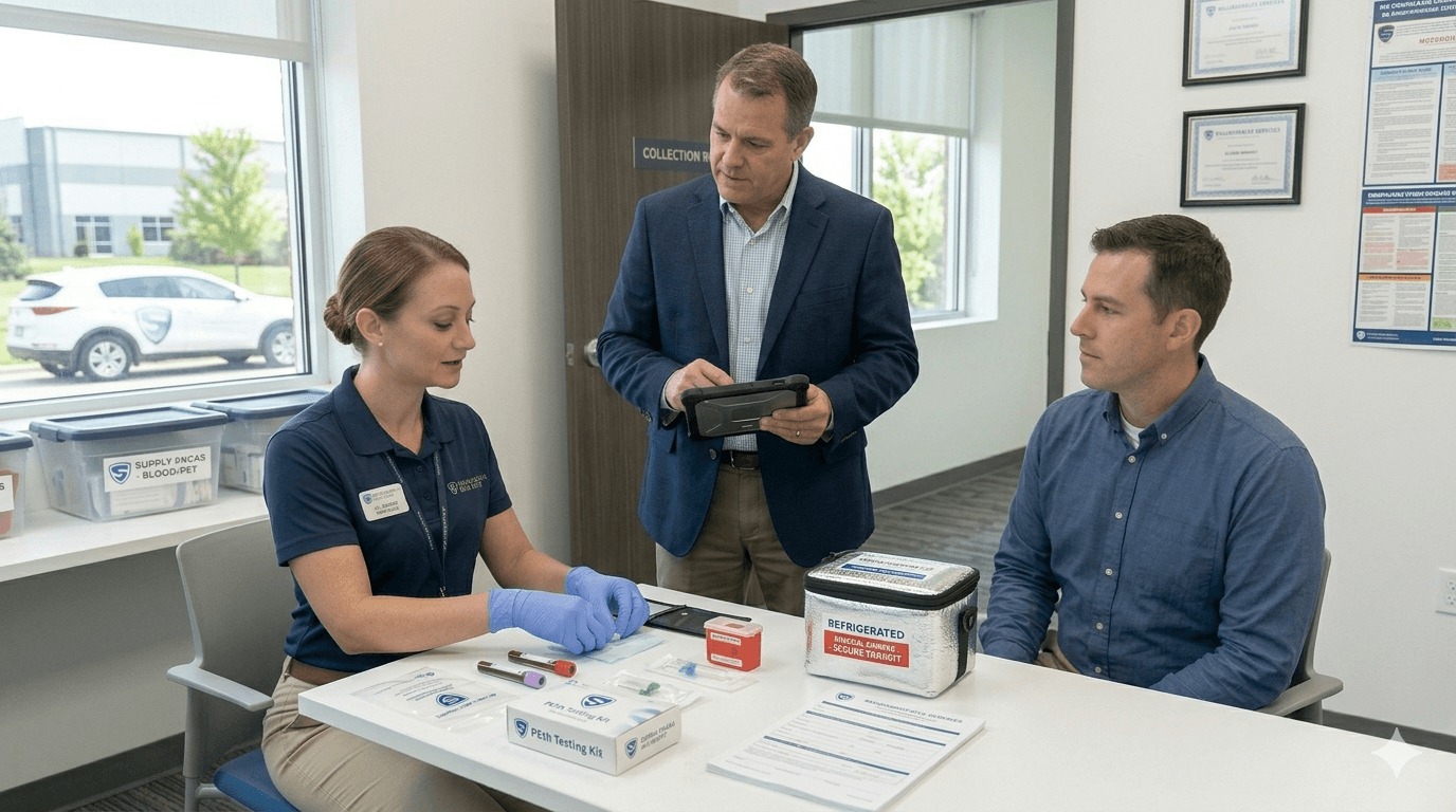 Professional employer drug and alcohol collection room: gloved collector prepares sealed specimen supplies at a table across from a donor while a supervisor documents the visit on a tablet; refrigerated biological-sample transit bag and organized clinical storage reinforce chain-of-custody discipline.