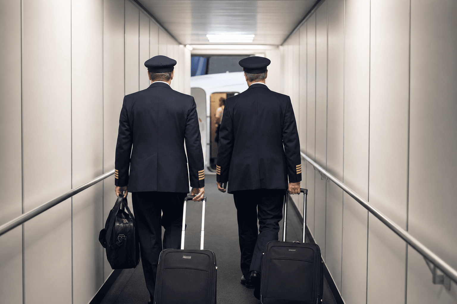 Two commercial airline pilots in uniform walking through a jet bridge toward their aircraft — FAA DOT drug and alcohol testing for Dulles airport employers.