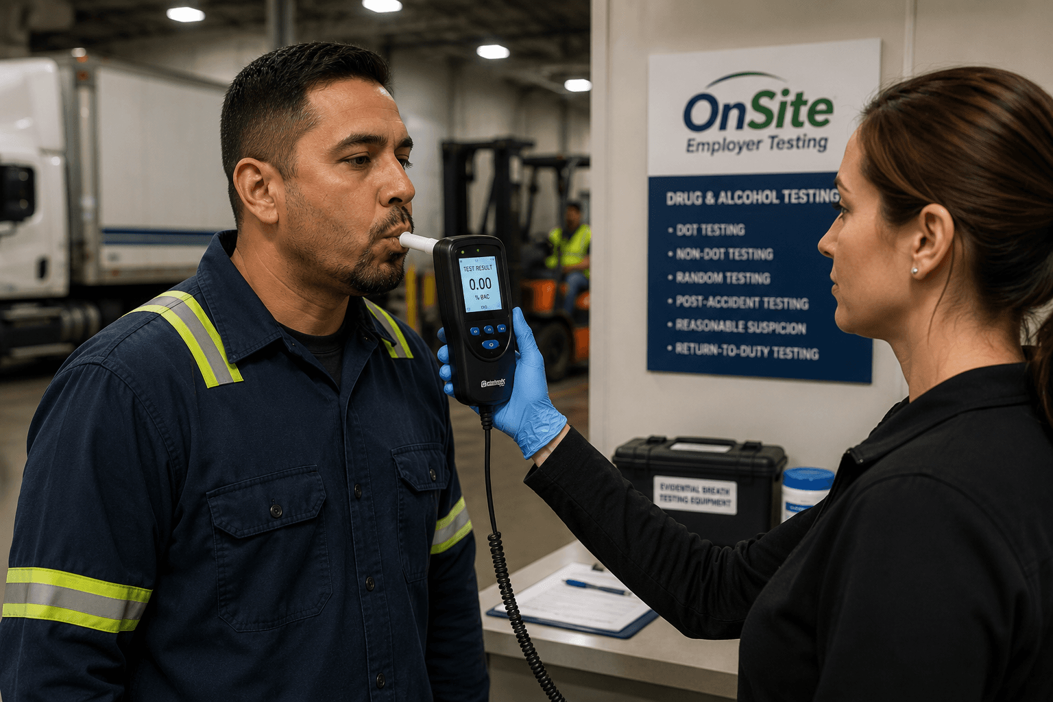 Certified OnSite breath alcohol technician administering an evidential breath test with a professional BAT device during a workplace collection