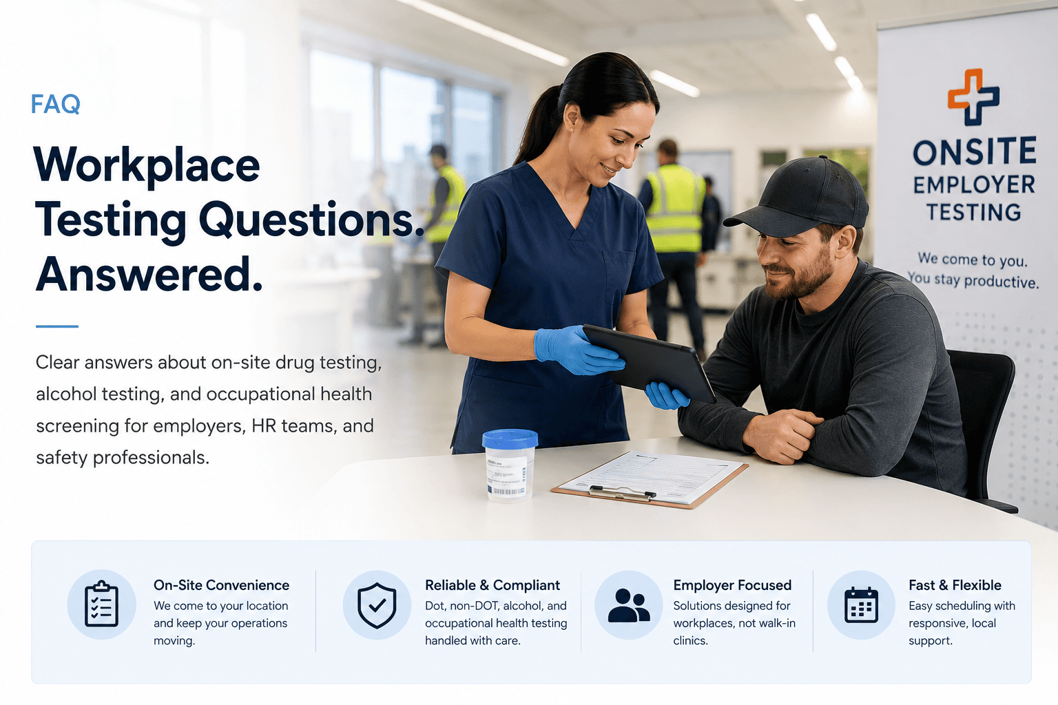 Employer workplace testing FAQ: a collector in scrubs reviews a tablet with an employee at a table with collection supplies, in a bright workplace setting.