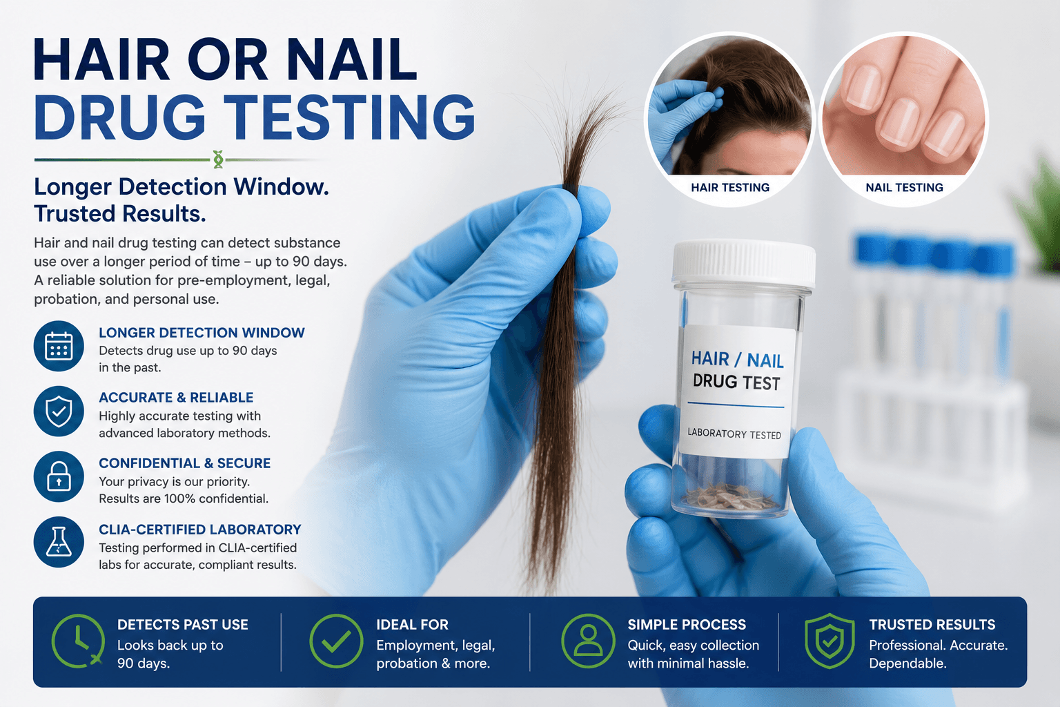 Hair and nail drug testing overview: gloved collector with hair sample and labeled specimen vial, with inset photos showing hair and nail collection — up to 90 days detection window.