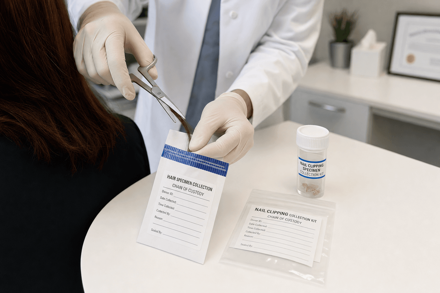 Hair drug test collection: a lab professional in gloves cuts a hair sample into a chain-of-custody envelope, with nail specimen collection kits on the table.