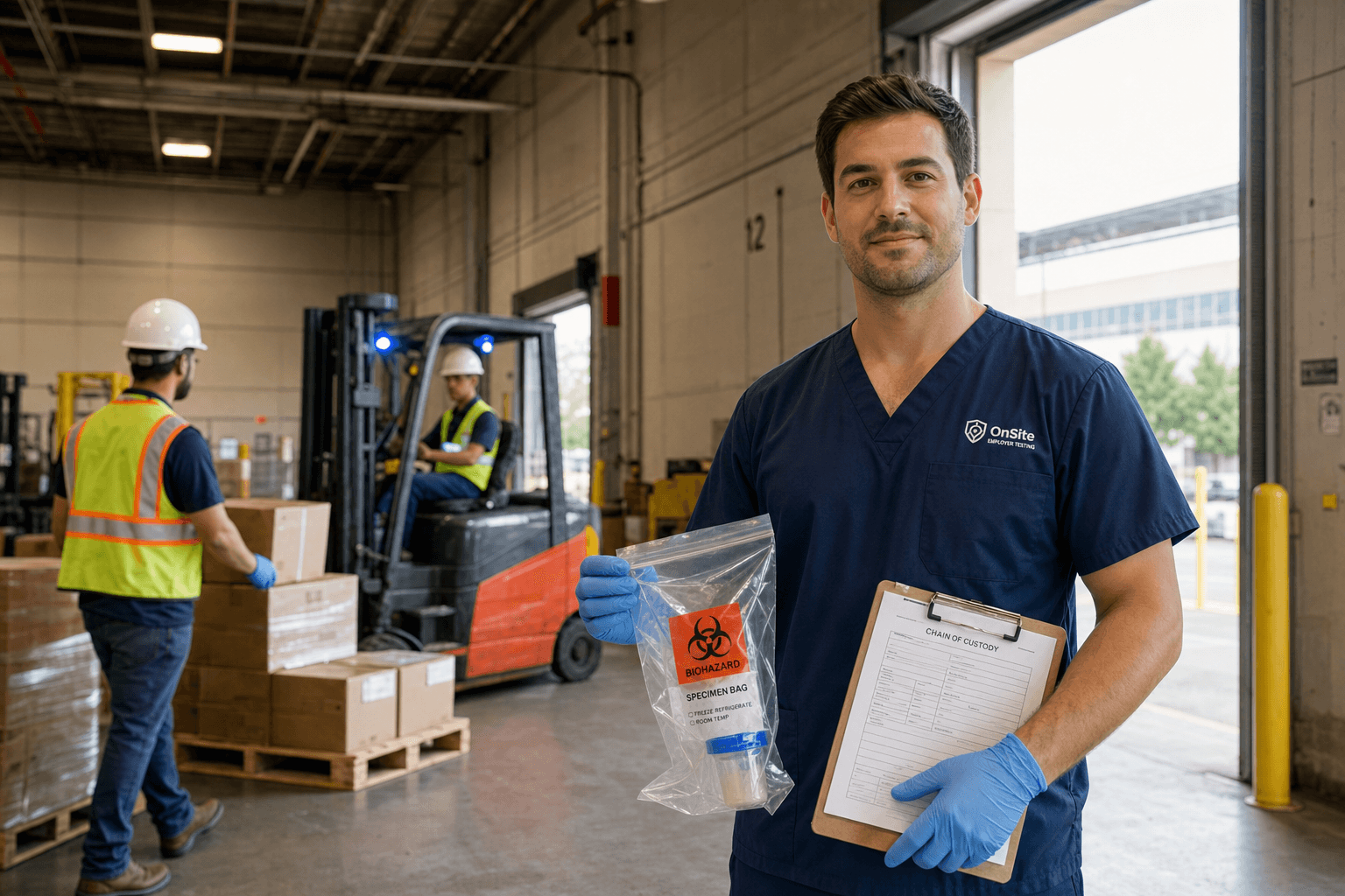 OnSite mobile drug testing collector at warehouse job site — we come to your workplace