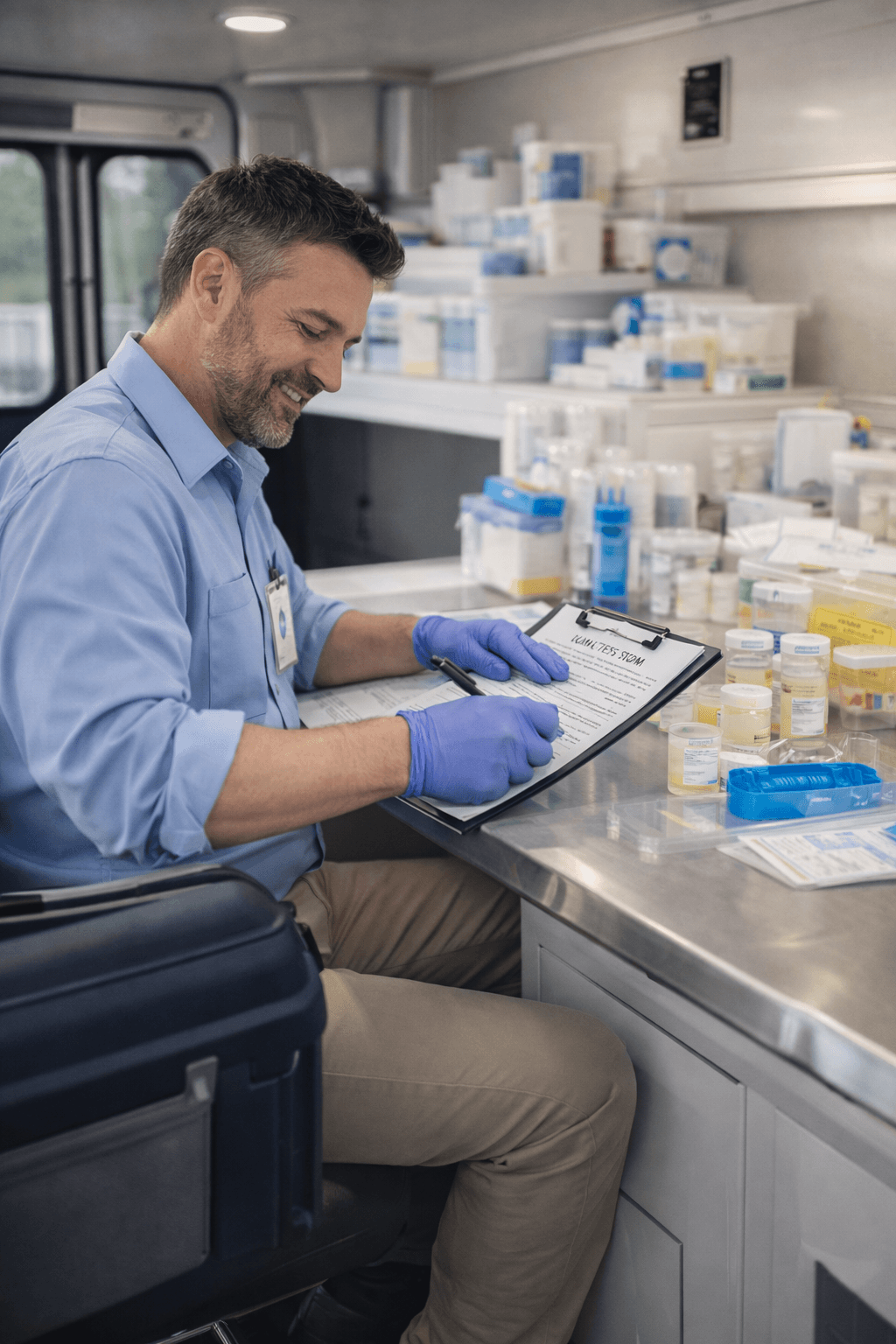 Mobile drug testing unit workbench: sealed cups, chain-of-custody forms, and shipping supplies organized for employer program documentation.