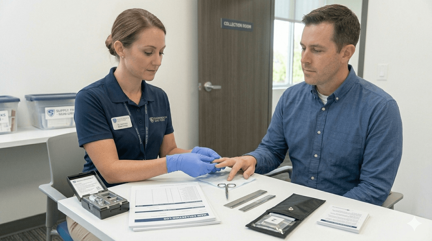 Employer nail drug test collection: certified collector wearing gloves prepares a fingernail specimen from a donor’s hand across a collection room table, with small scissors, sealed supplies, and custody documentation ready for protocol-compliant clipping and packaging.