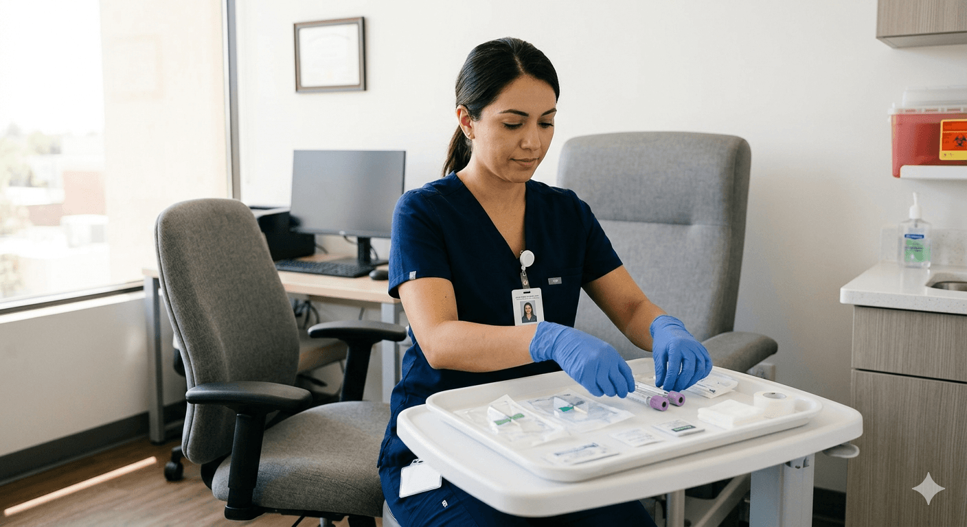 Clinical blood draw preparation for employer PEth orders: phlebotomist in scrubs and gloves arranges purple-top tubes, butterfly collection sets, gauze, and tape on a tray in a bright exam room with sharps disposal nearby—representing the venous specimen workflow for phosphatidylethanol (PEth), not a breath alcohol test.
