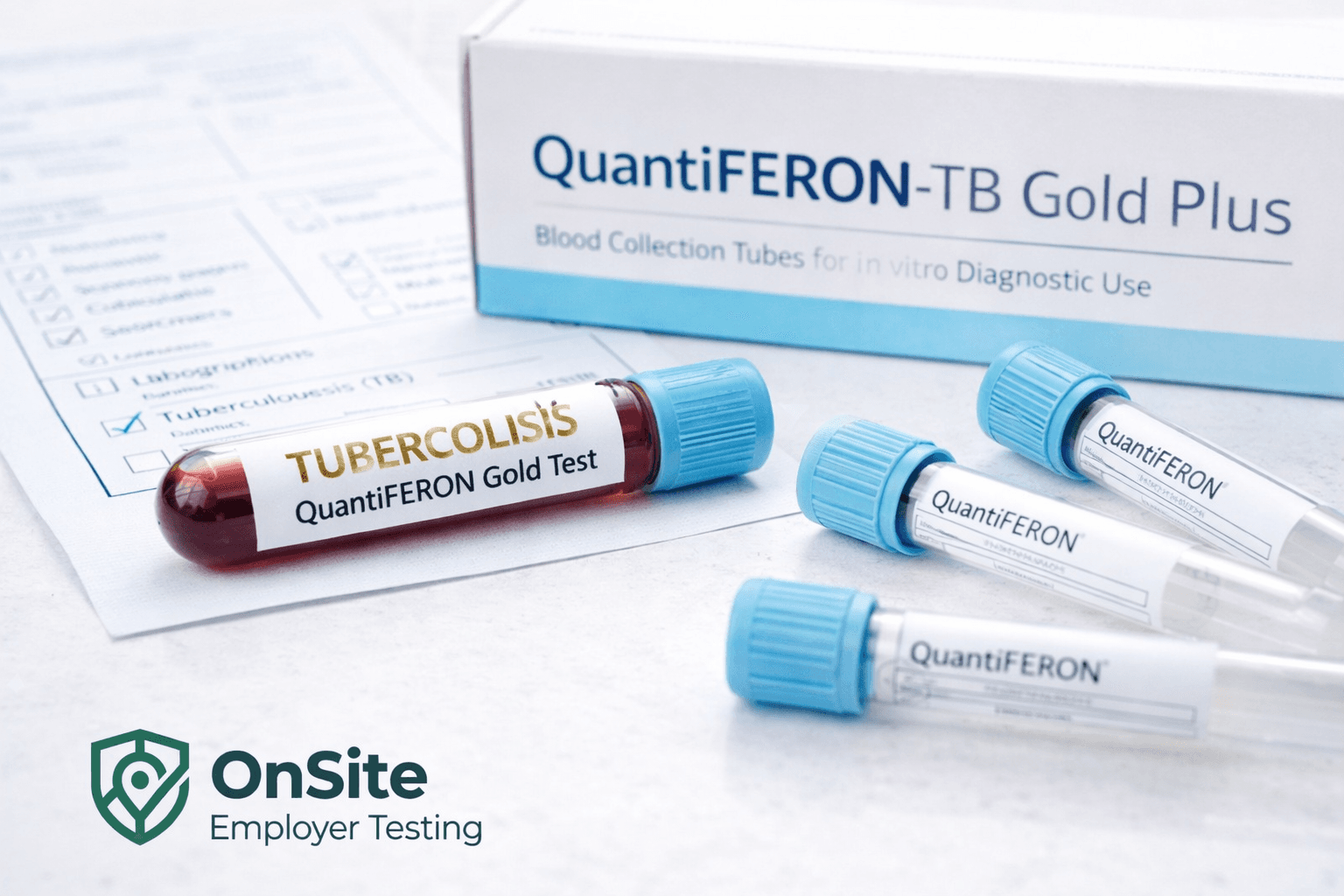 QuantiFERON-TB Gold Plus occupational health setup: labeled blood collection tubes (filled and empty), product box for in vitro diagnostic use, and TB screening checklist—OnSite Employer Testing branding visible.