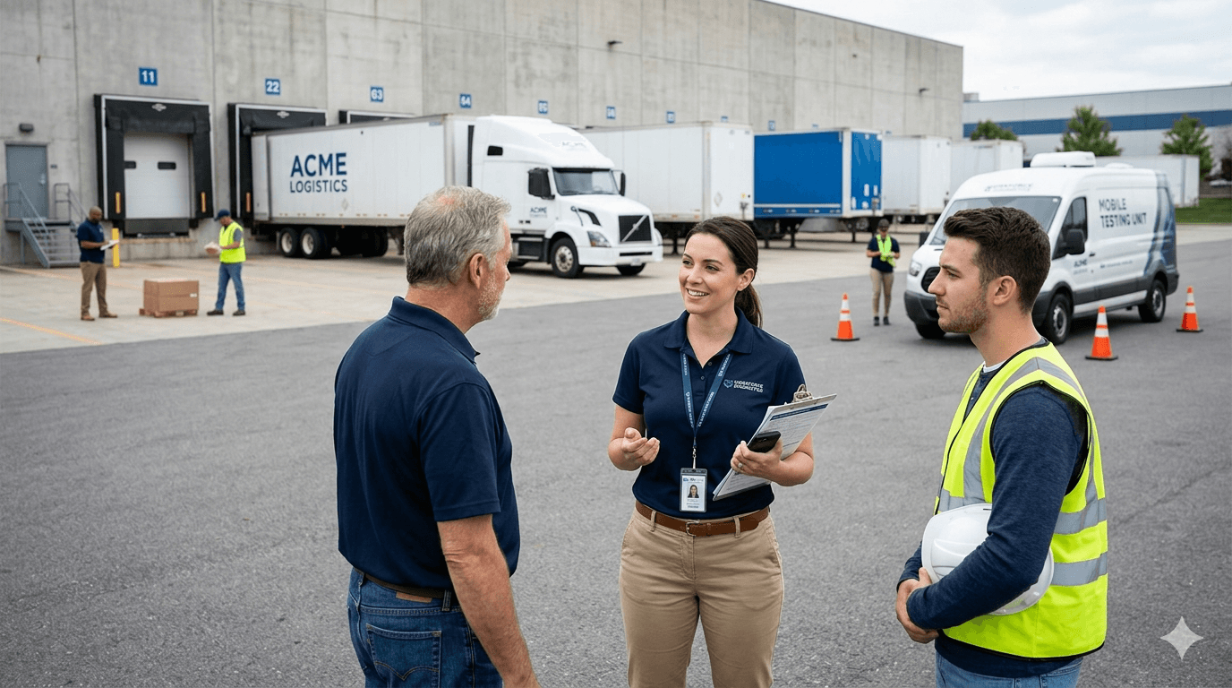 Distribution center yard: employer drug testing coordinator with clipboard speaking with operations staff and a driver in a high-visibility vest near loading docks, semi-trailers at doors, and a mobile on-site testing unit van.