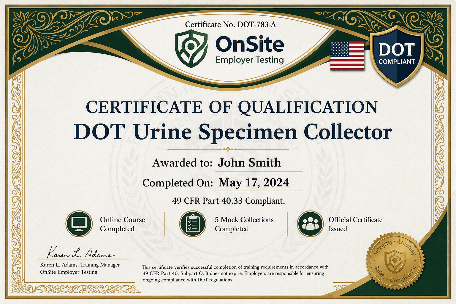 DOT Urine Specimen Collector Qualification Certificate - 49 CFR Part 40.33 Compliant