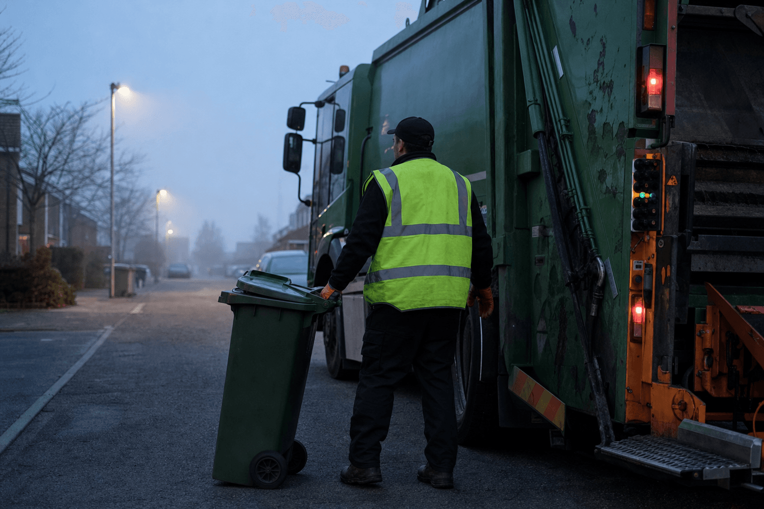 Waste collection driver in high-visibility vest beside a commercial refuse truck at dawn — DOT drug testing for sanitation and garbage collection fleets