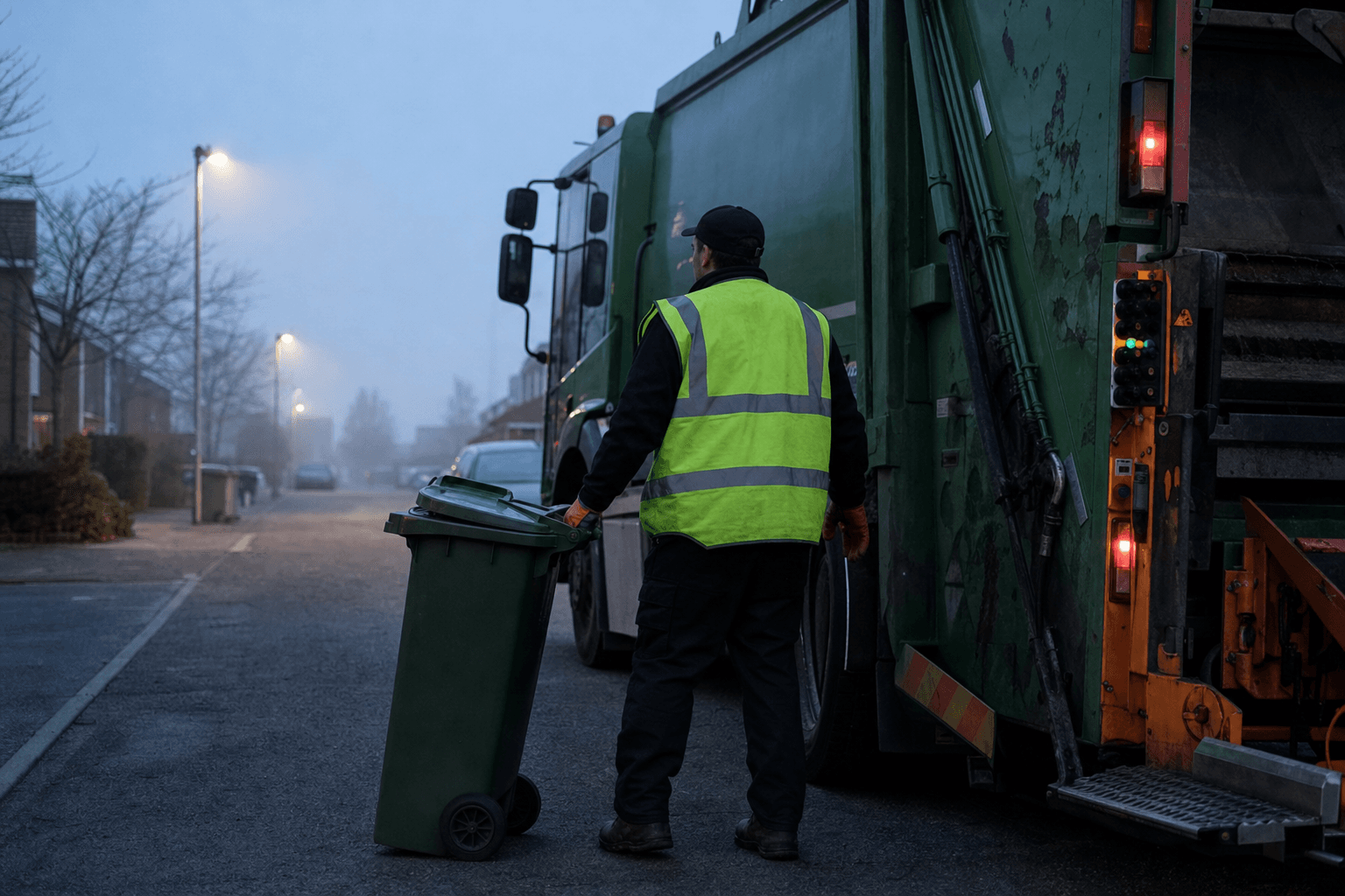 Waste collection driver in high-visibility vest beside a commercial refuse truck at dawn — DOT drug testing for sanitation and garbage collection fleets